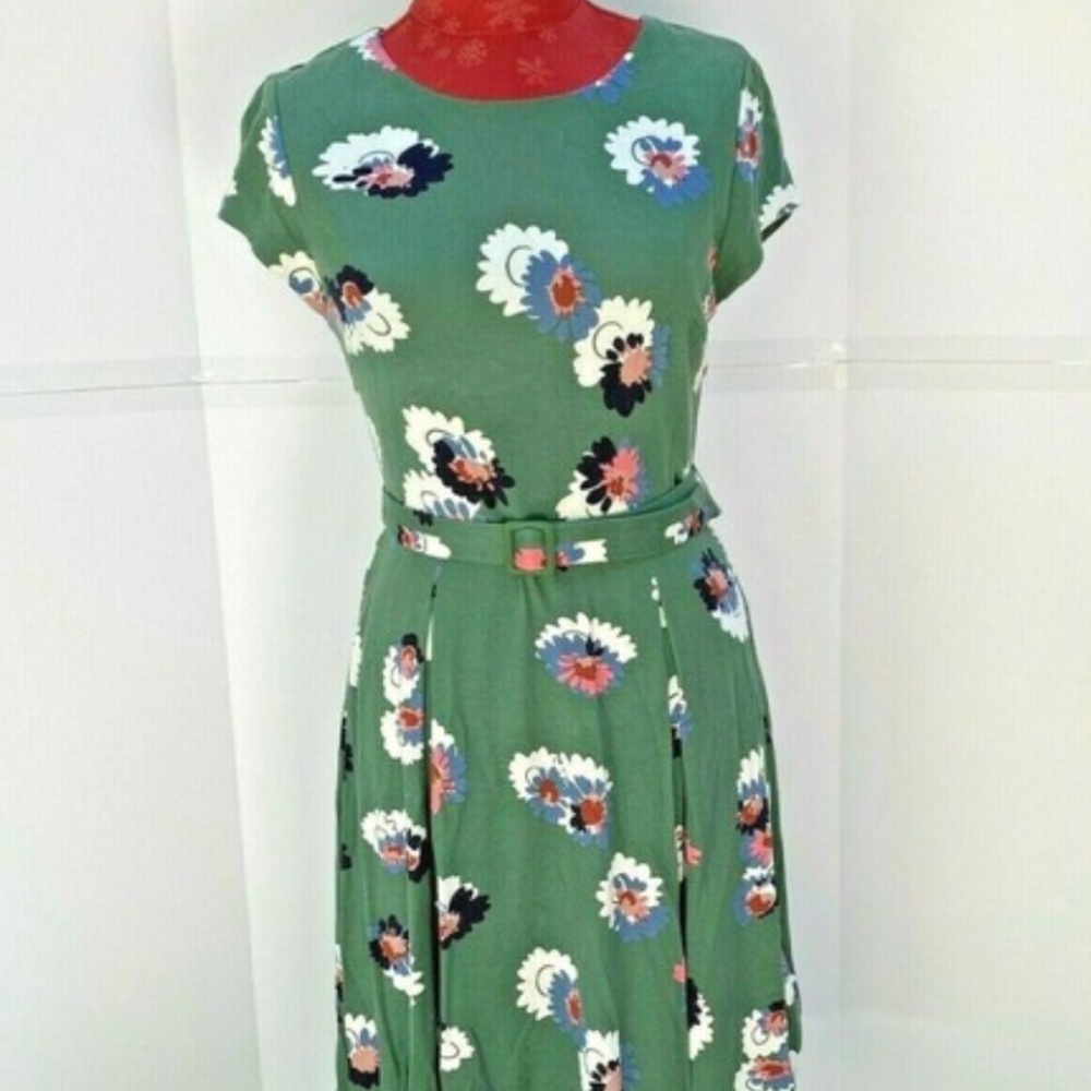 Boden Green Medium & Colorful Floral Print Fit & Flare Belt Short Casual Dress